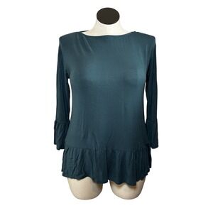 Emerald Basic Long Sleeve Ruffle Peplum Tunic Top Teal Green Women's Size Large